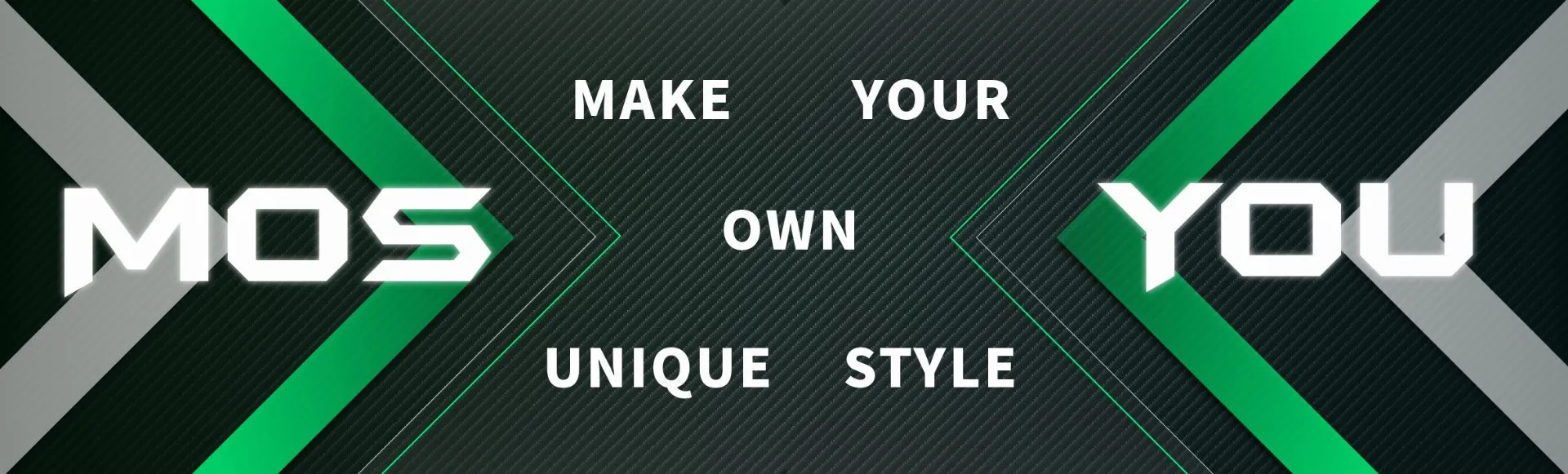 MOS 品牌形象橫幅：綠黑幾何線條與 MAKE YOUR OWN UNIQUE STYLE 字樣